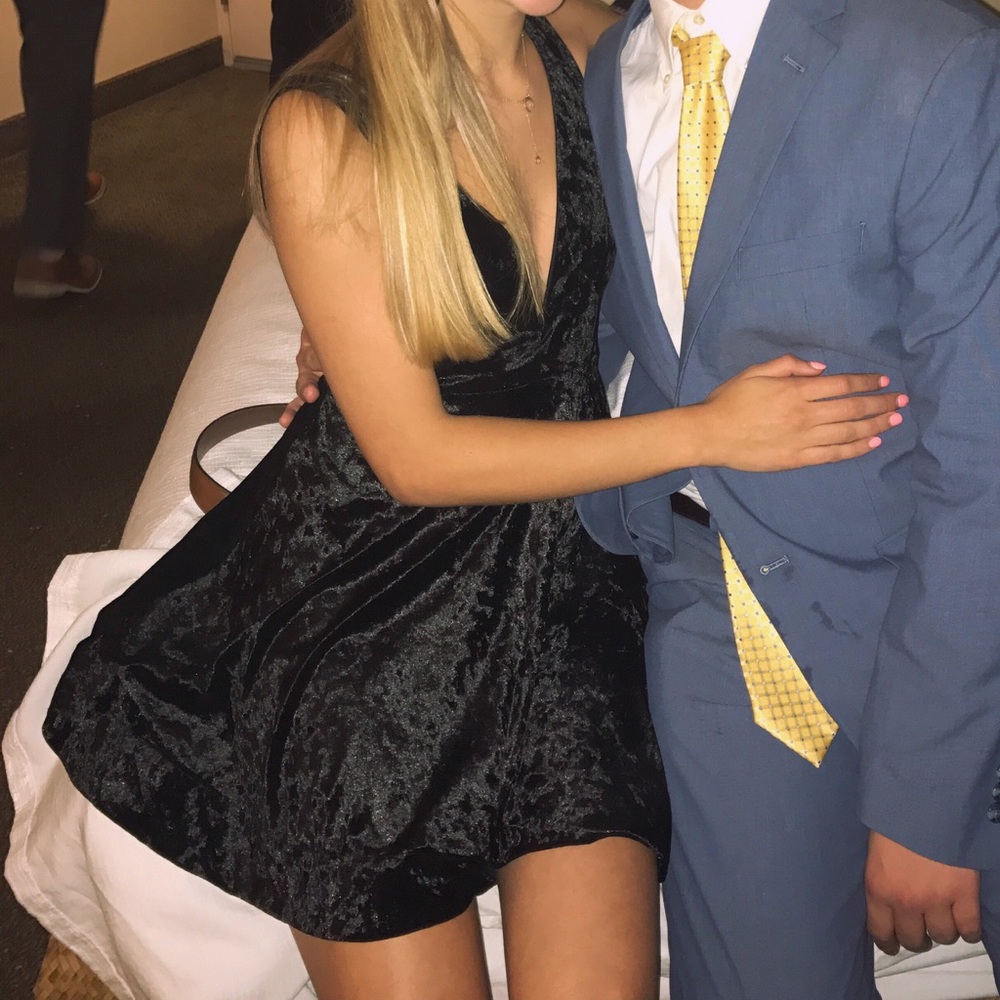 Velvet v cut black mini dress